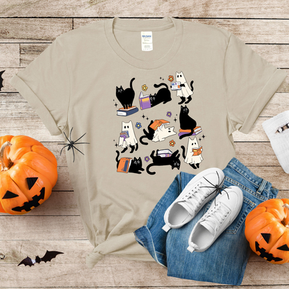 T-shirt halloween chat fantôme de lecture, chandail halloween pour amoureux des livres