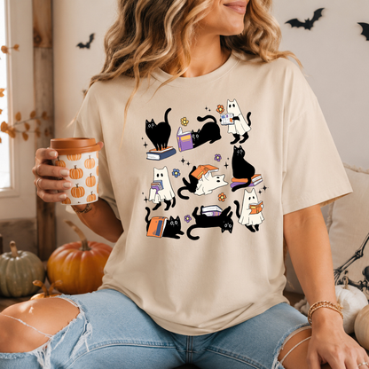 Bookish Reading Ghost Cat Halloween T-Shirt