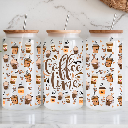 Verre à Café Glacé 16oz Coffee Time, Cadeau Amateur de Café