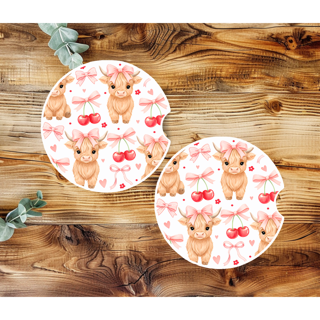 Highland Cow & Cherries Car Coaster Duo