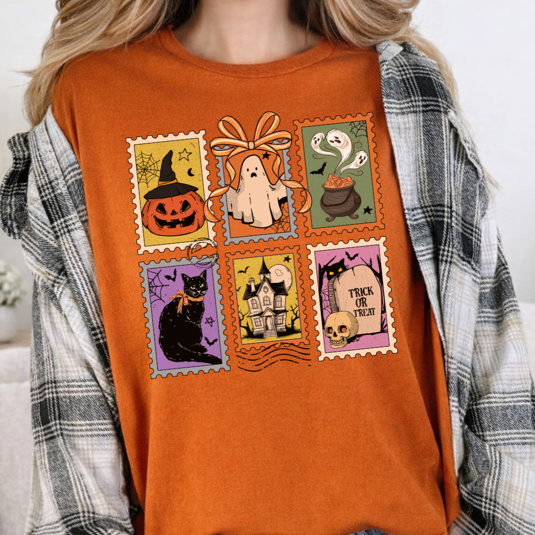 T-shirt halloween style timbres postaux, chandail d'halloween style vintage