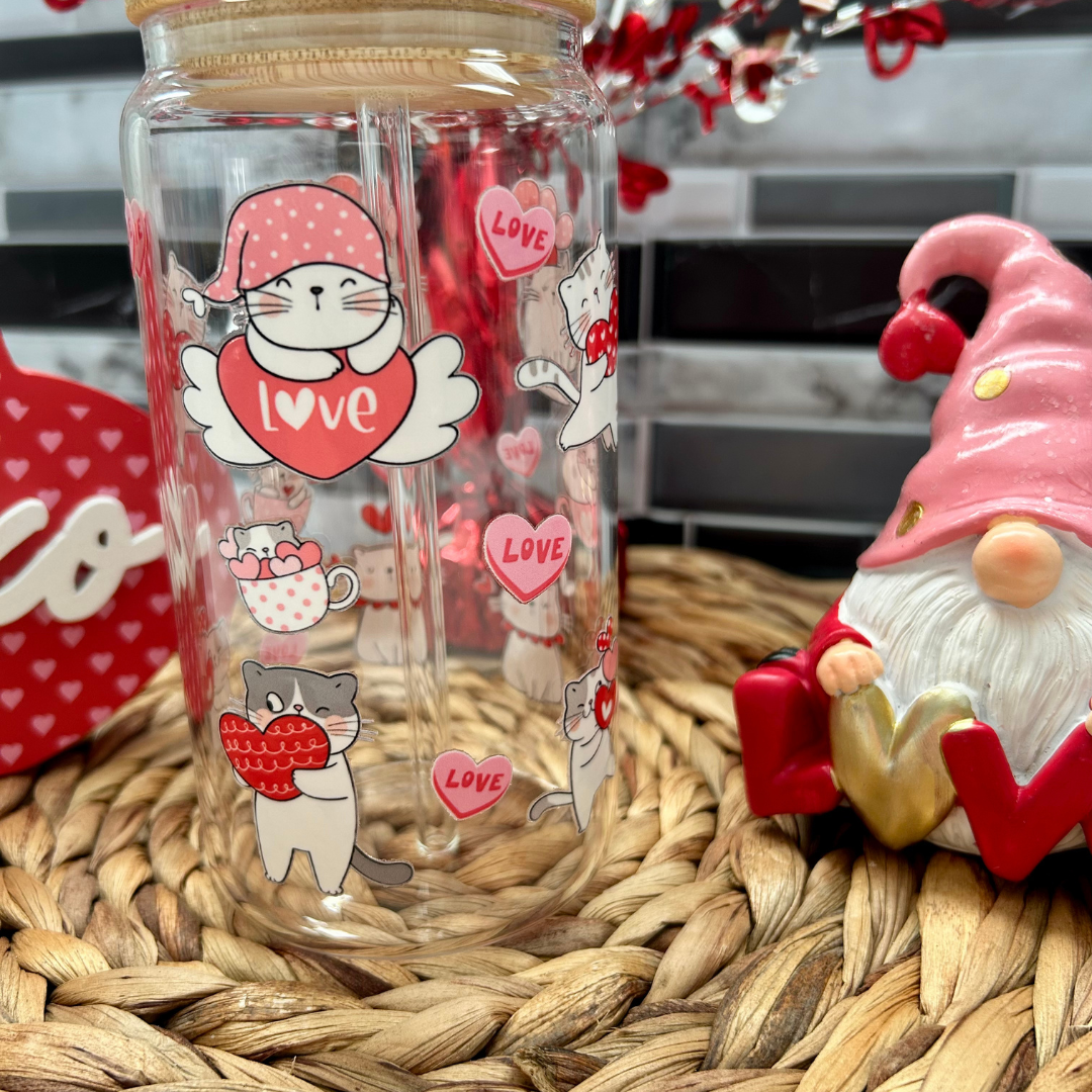 Cute Cats Valentine's Day Coffee glass mug, Perfect Gift for Cat Lovers on Valentine's Day