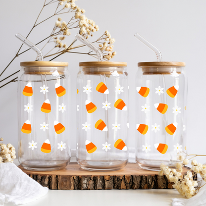 Verre à café glacé bonbons maïs d'halloween, verre halloween candy corn et marguerites