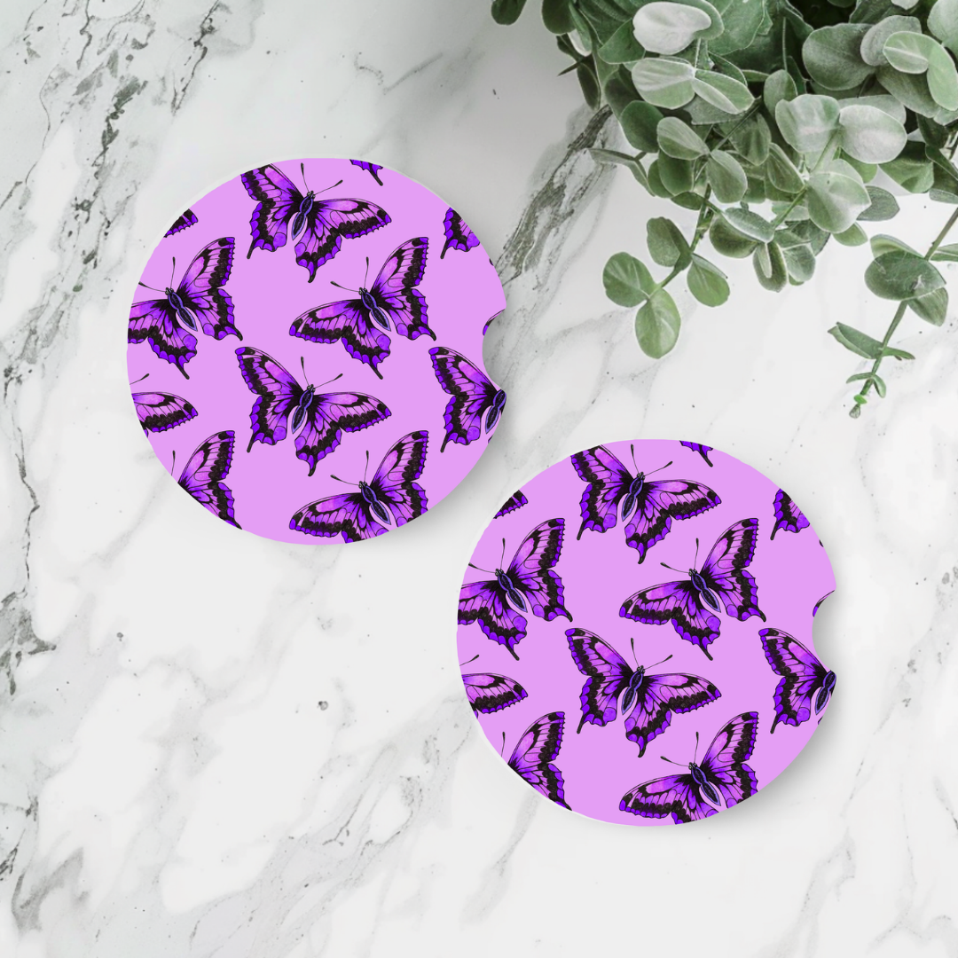 Pair of Car Coasters - Purple Butterfly Design