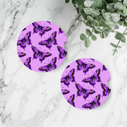 Pair of Car Coasters - Purple Butterfly Design