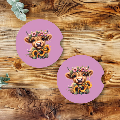 Sous-verres pour auto mignonne Vache Highland, Cadeau style boho western