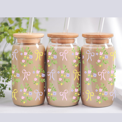 Verre à café glacé '' Bouquet de fleurs & rubans pastels'' 16 oz