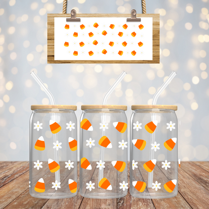 Verre à café glacé bonbons maïs d'halloween, verre halloween candy corn et marguerites