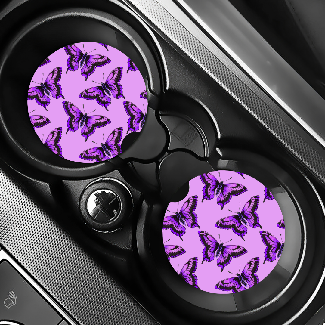 Pair of Car Coasters - Purple Butterfly Design
