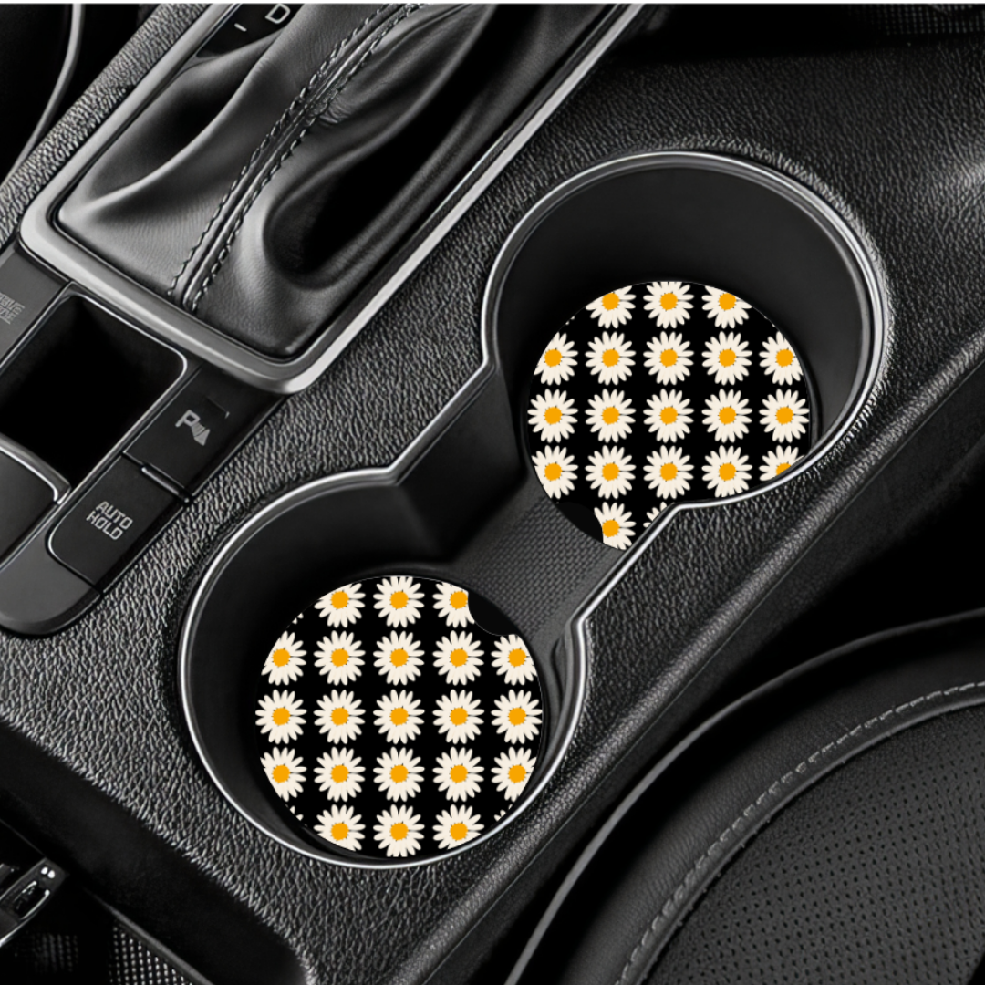 Car Coaster Duo - White Daisy Pattern