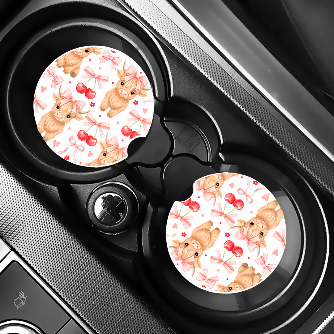 Highland Cow & Cherries Car Coaster Duo