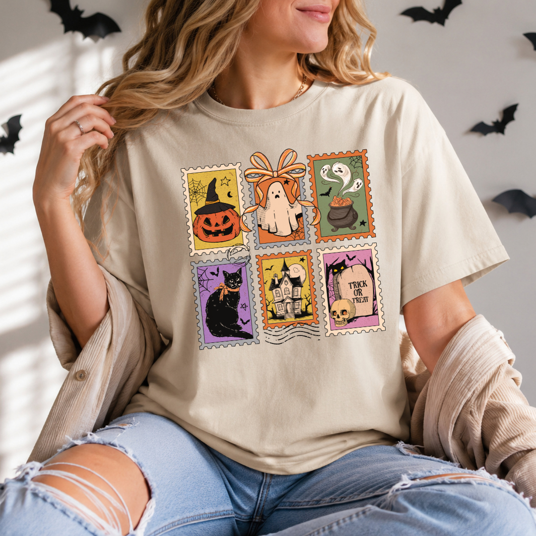 T-shirt halloween style timbres postaux, chandail d'halloween style vintage