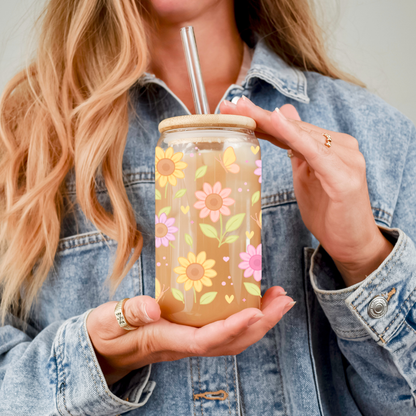 Verre à café glacé ''Tournesols et papillons'' 16 oz
