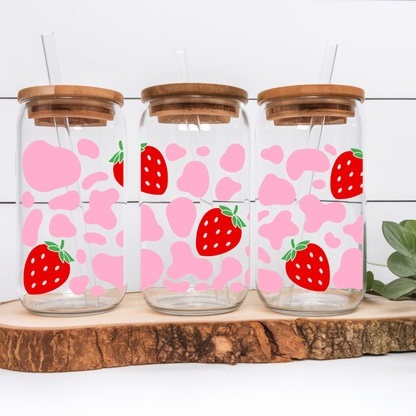 Cow Print Strawberry Iced Coffee Glass cup,  Fruit Glass mug