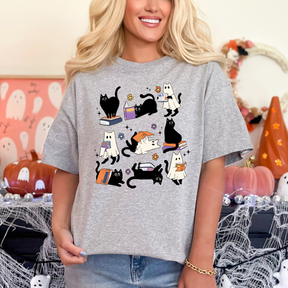 T-shirt halloween chat fantôme de lecture, chandail halloween pour amoureux des livres