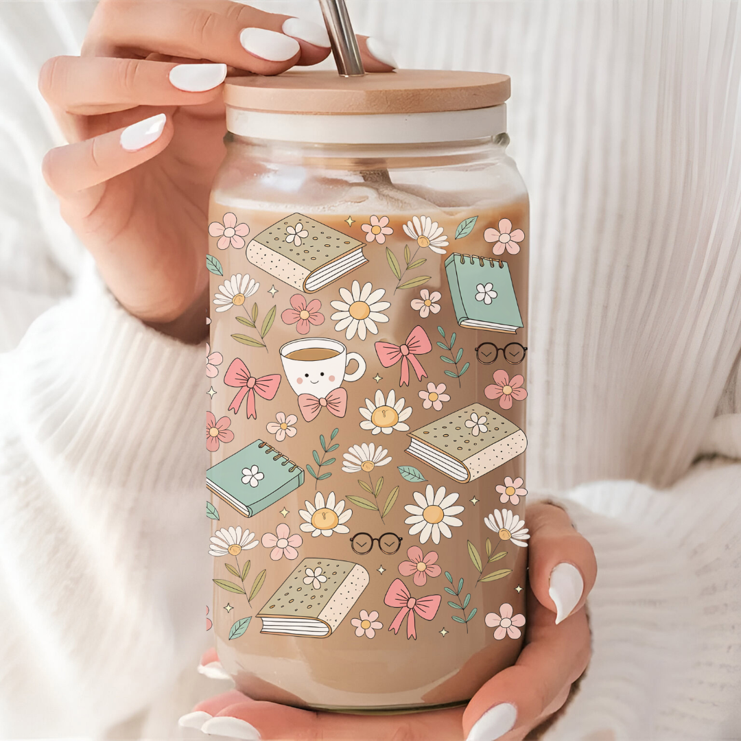 "Coffee and Books" Iced Coffee Glass 16 oz