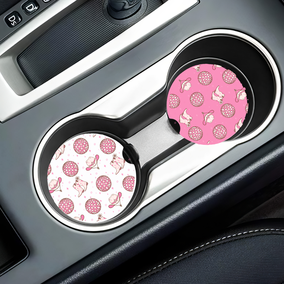 Pair of Car Coasters - Disco Cowgirl Design