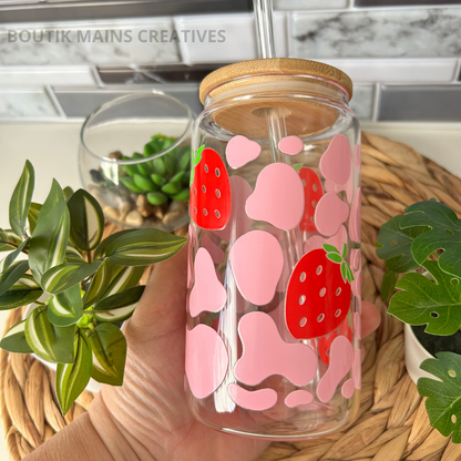 Cow Print Strawberry Iced Coffee Glass cup,  Fruit Glass mug