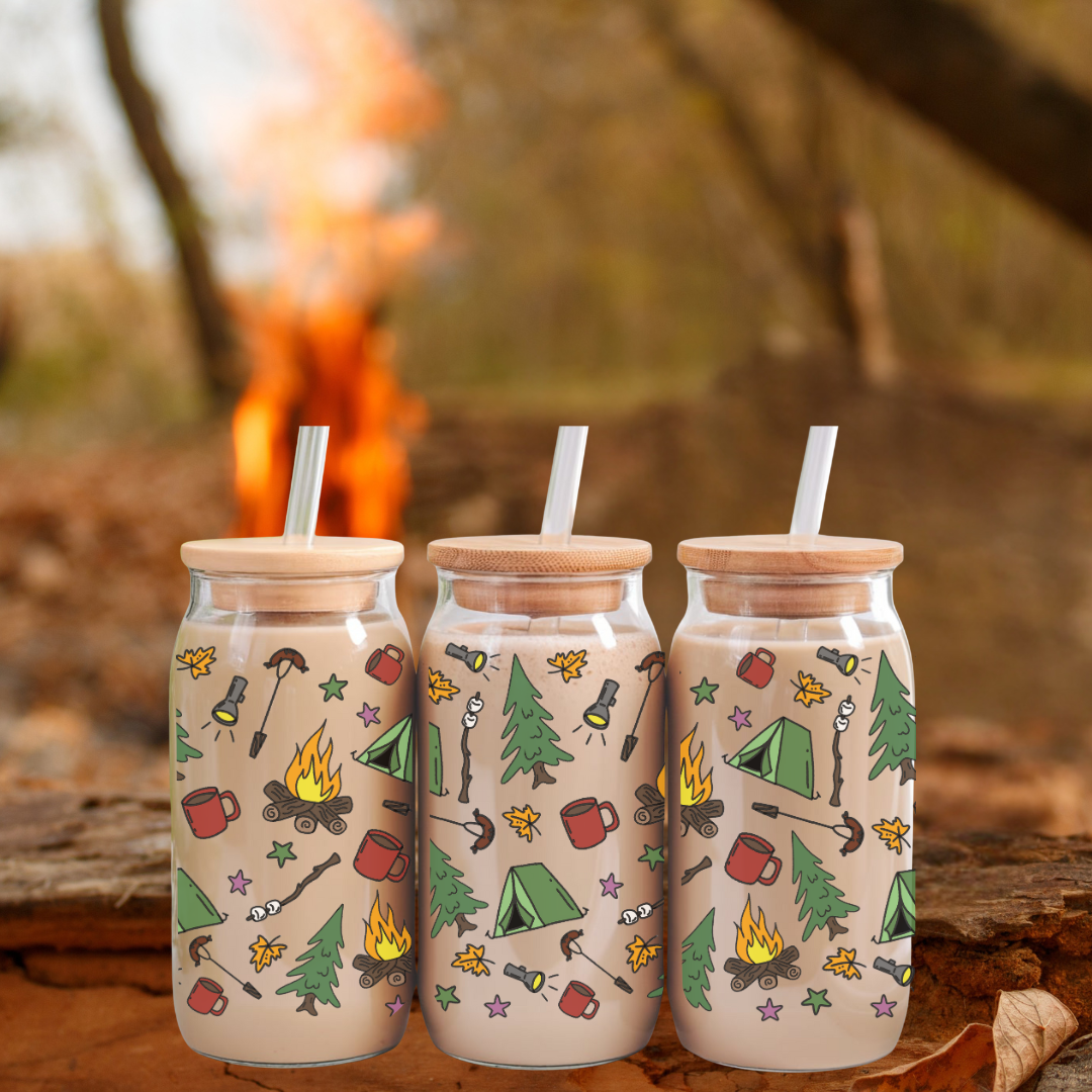 Verre à café glacé 16 oz au design de camping