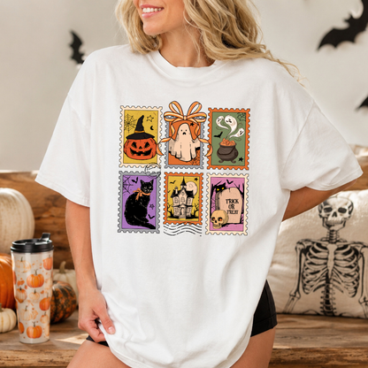 T-shirt halloween style timbres postaux, chandail d'halloween style vintage