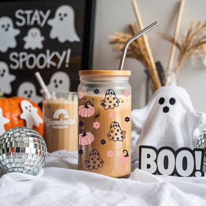Floral Ghosts Ice Coffee Glass Cup,  Coffee Glass, Halloween Ghost Glass Mug, Daisy and Ghost Tumbler