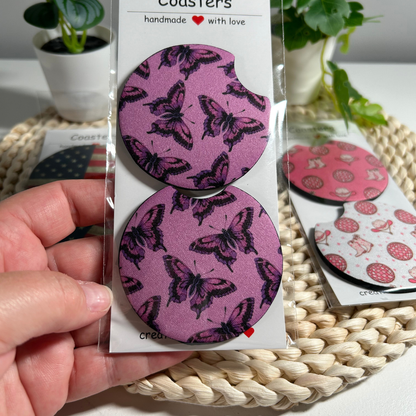 Pair of Car Coasters - Purple Butterfly Design