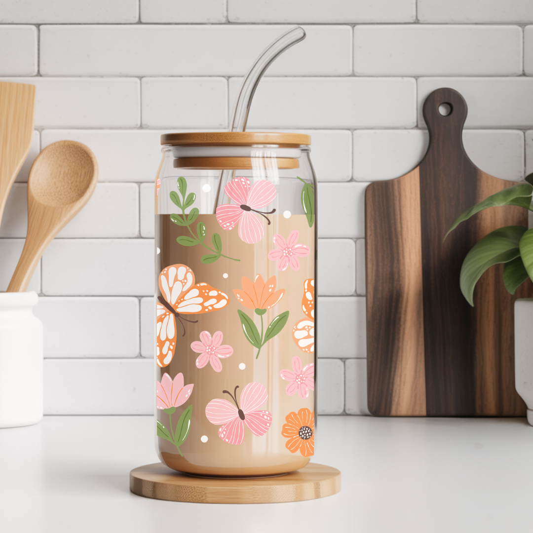 "Butterfly Gardens" Iced Coffee Glass 16 oz