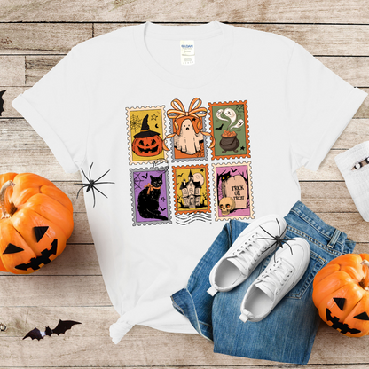 T-shirt halloween style timbres postaux, chandail d'halloween style vintage