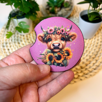 Sous-verres pour auto mignonne Vache Highland, Cadeau style boho western
