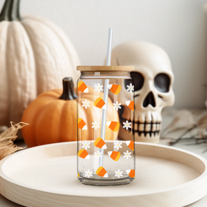 Verre à café glacé bonbons maïs d'halloween, verre halloween candy corn et marguerites