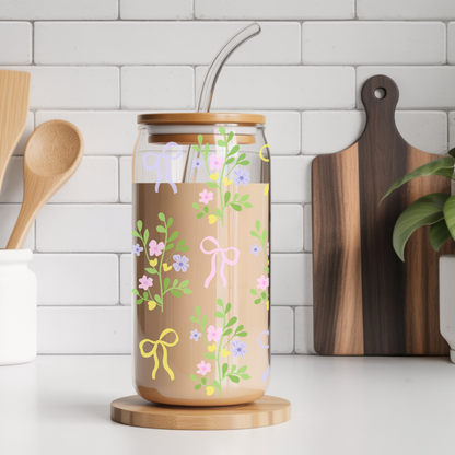 Verre à café glacé '' Bouquet de fleurs & rubans pastels'' 16 oz