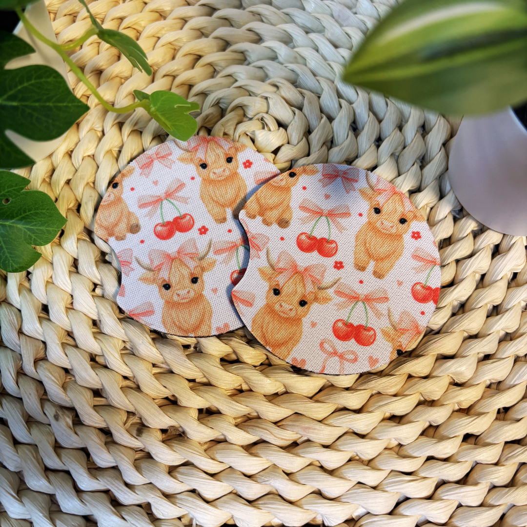 Highland Cow & Cherries Car Coaster Duo