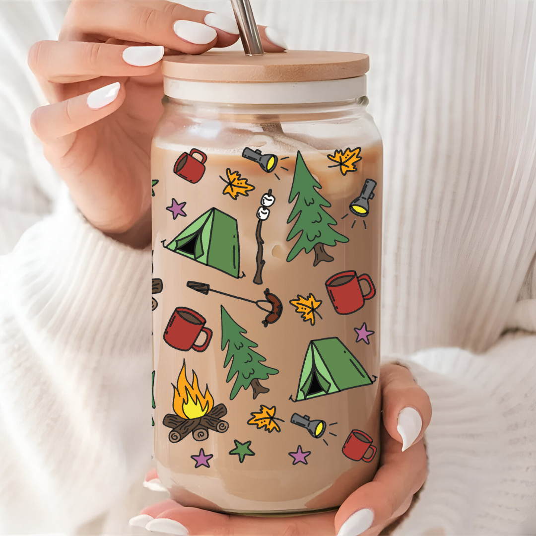 Verre à café glacé 16 oz au design de camping