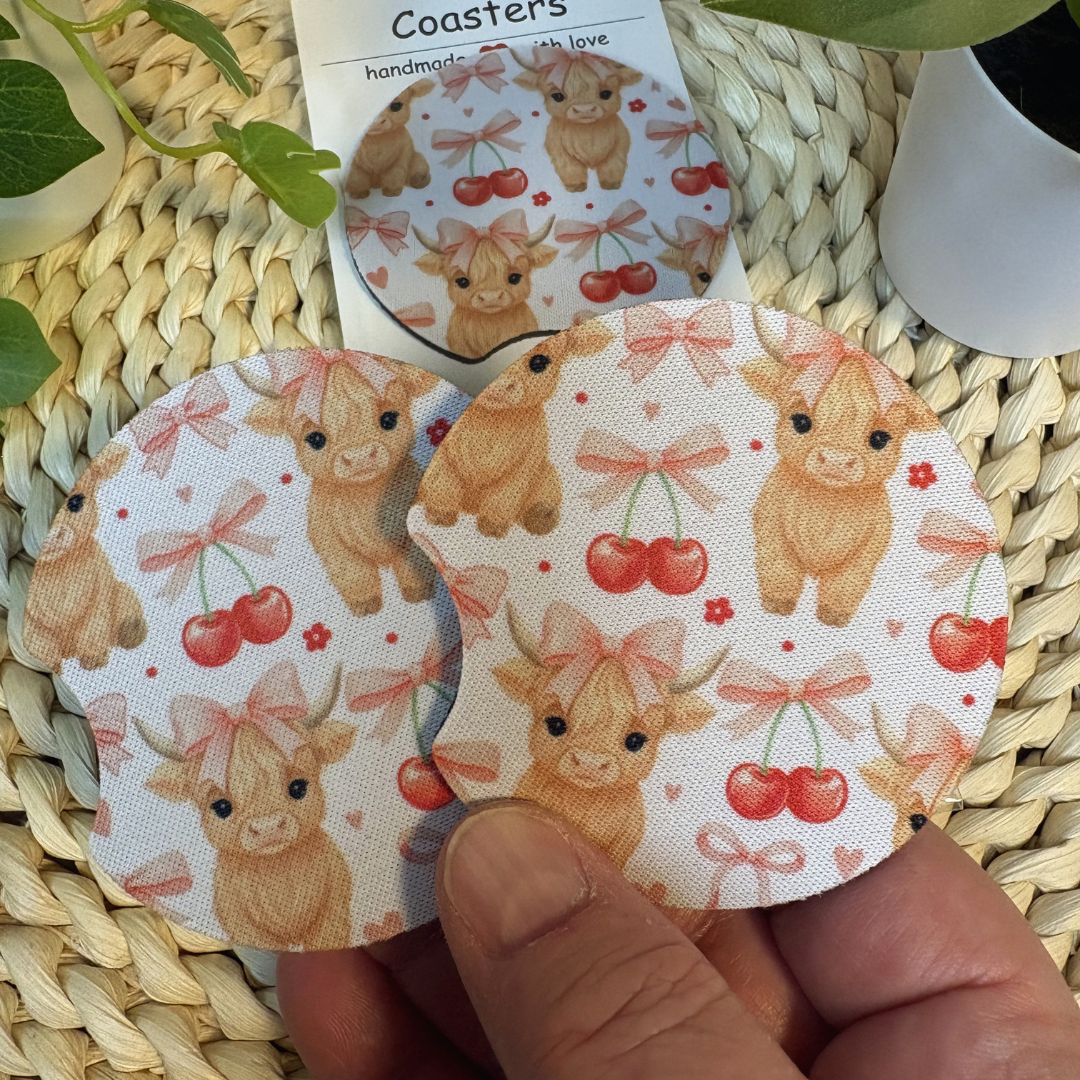 Highland Cow & Cherries Car Coaster Duo