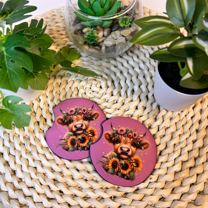 Sous-verres pour auto mignonne Vache Highland, Cadeau style boho western