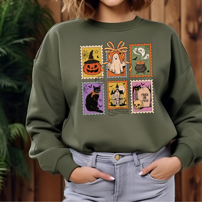 Sweatshirt halloween style timbres postaux, Crewneck d'halloween style vintage