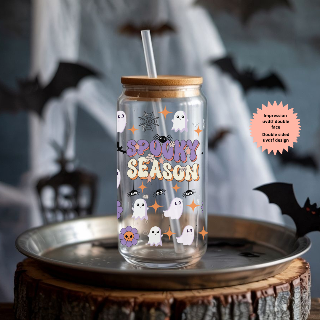 Verre à café glacé fantômes spooky , Verre à café fantômes spooky season, Tasse en verre fantômes d'Halloween, Gobelet marguerite et fantôme