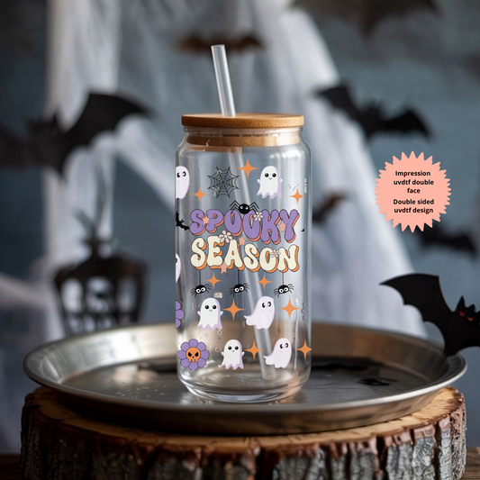 Verre à café glacé fantômes spooky , Verre à café fantômes spooky season, Tasse en verre fantômes d'Halloween, Gobelet marguerite et fantôme
