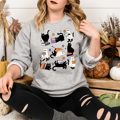 Sweatshirt Halloween Chat Fantôme et Livres, Cadeau pour amoureux des chats et livres
