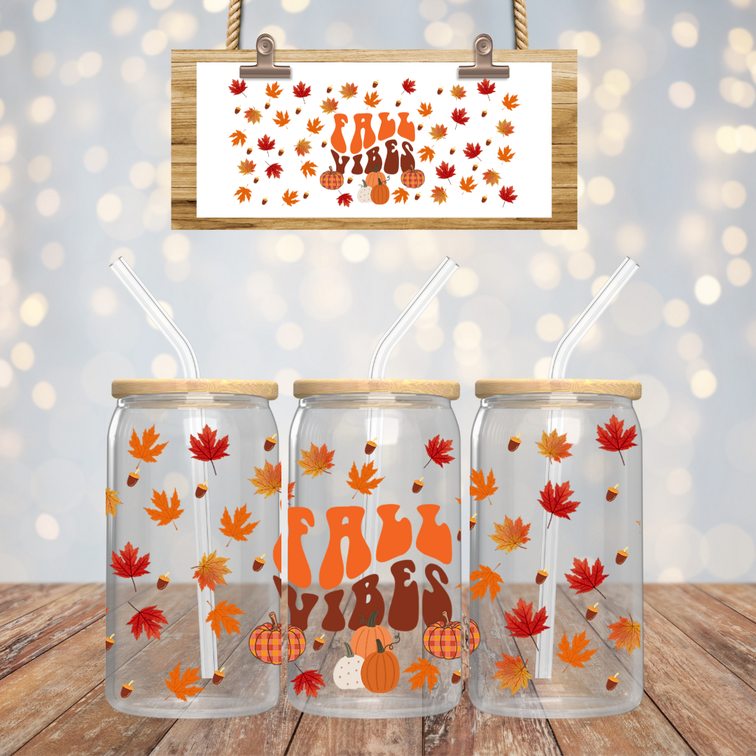 Fall Vibes Autumn Leaves Iced Coffee Glass Cup