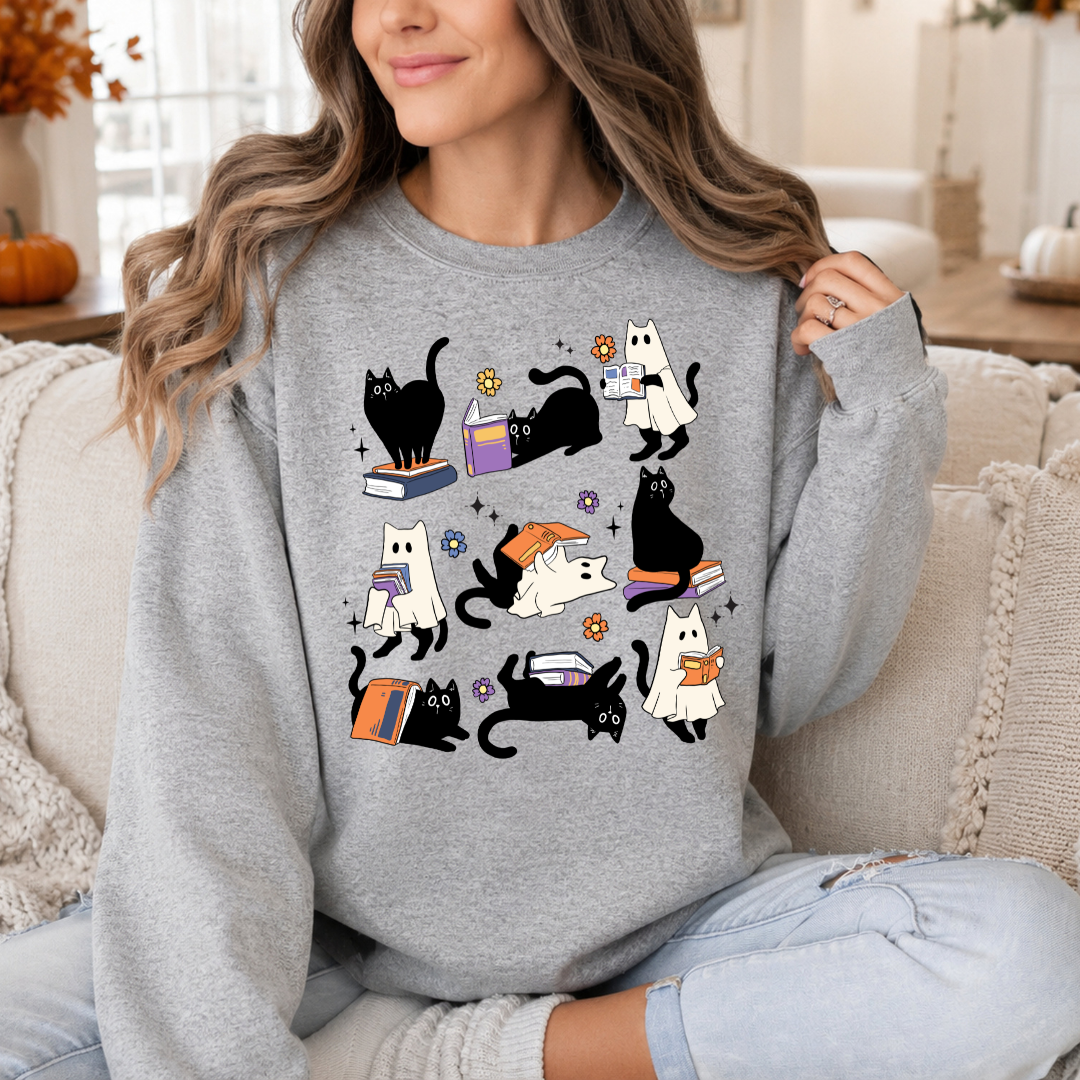 Sweatshirt Chat Fantôme de Lecture Halloween | Chandail Bookish & Passionnés de Livres