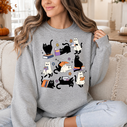 Sweatshirt Chat Fantôme de Lecture Halloween | Chandail Bookish & Passionnés de Livres
