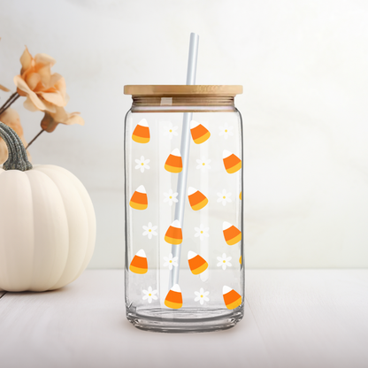 Verre à café glacé bonbons maïs d'halloween, verre halloween candy corn et marguerites