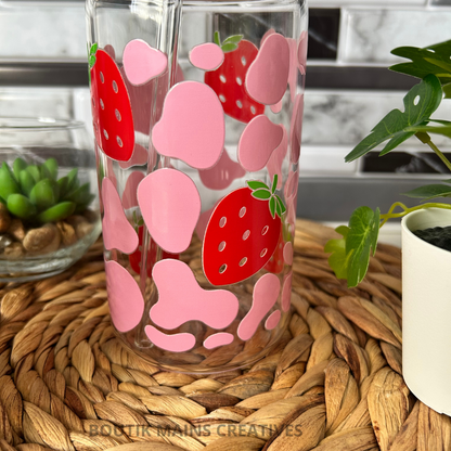 Cow Print Strawberry Iced Coffee Glass cup,  Fruit Glass mug