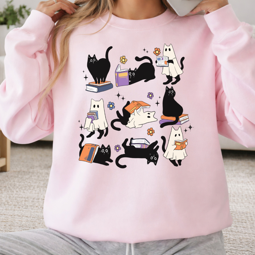 Sweatshirt Chat Fantôme de Lecture Halloween | Chandail Bookish & Passionnés de Livres
