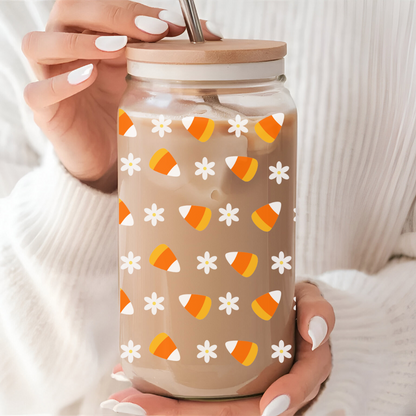 Verre à café glacé bonbons maïs d'halloween, verre halloween candy corn et marguerites