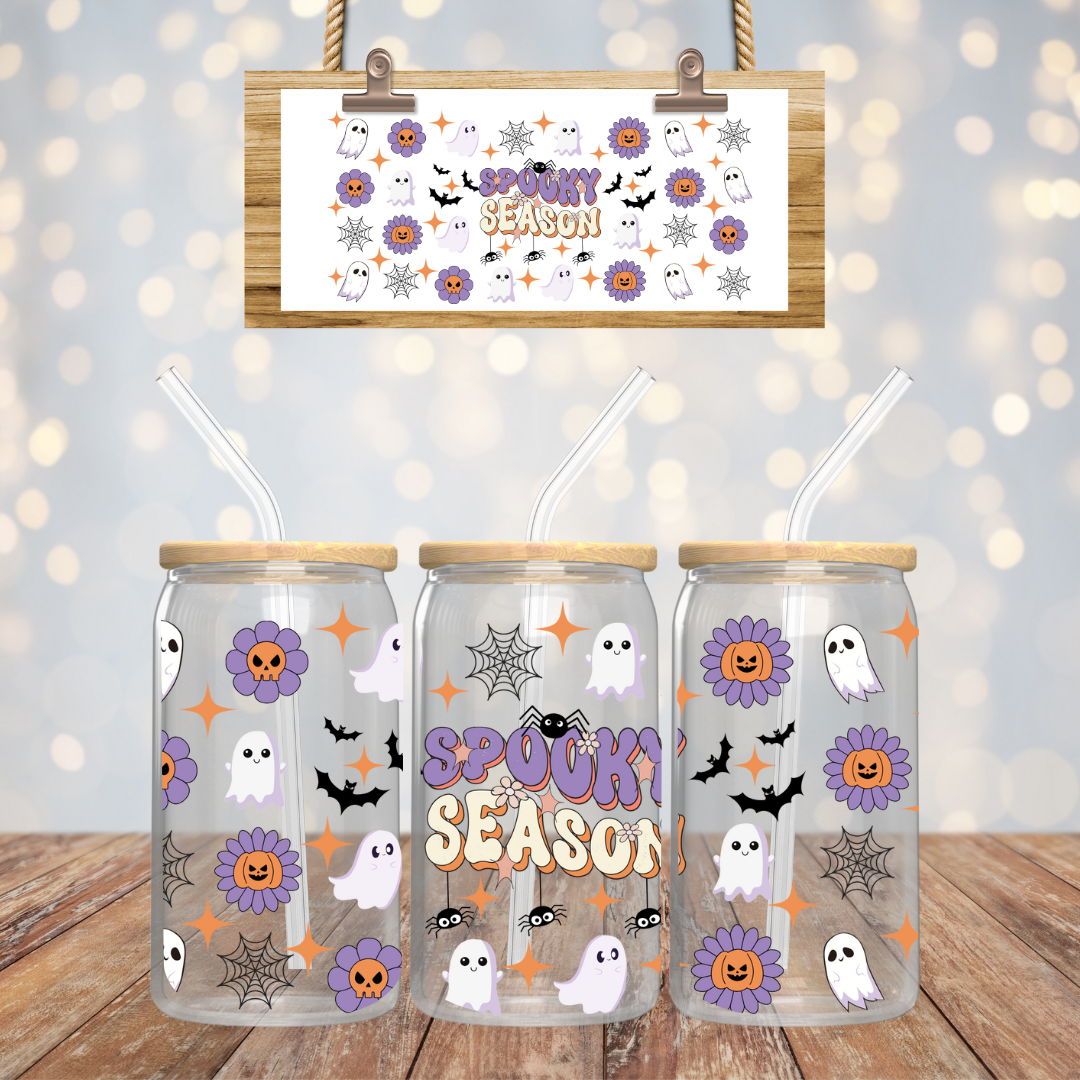 Verre à café glacé fantômes spooky , Verre à café fantômes spooky season, Tasse en verre fantômes d'Halloween, Gobelet marguerite et fantôme
