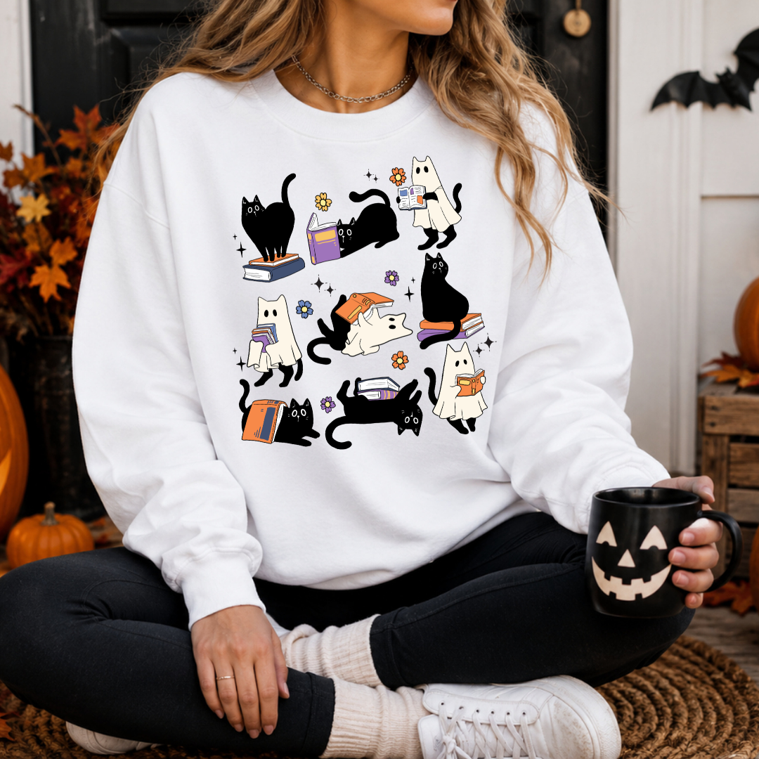 Sweatshirt Chat Fantôme de Lecture Halloween | Chandail Bookish & Passionnés de Livres