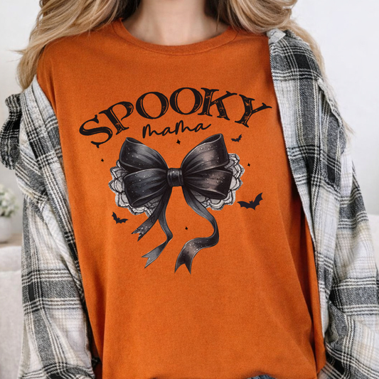 Spooky Halloween Mama with Coquette Black Bow T-shirt