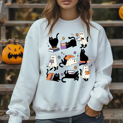Sweatshirt Halloween Chat Fantôme et Livres, Cadeau pour amoureux des chats et livres